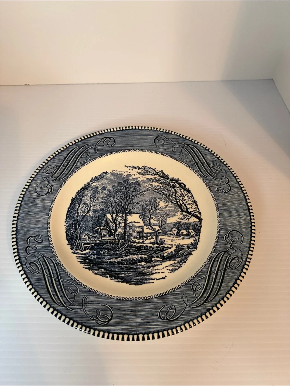 Currier & Ives The Old Grist Mill Blue and White Scenic Ceramic Dinner Plate